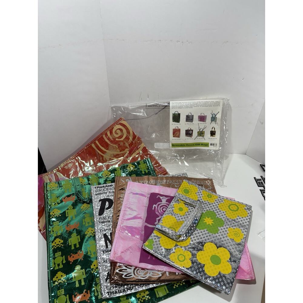 Lot Of 6 Reusable Green Gift Bags Reusable Holiday Robot Floral Peru New Zealand